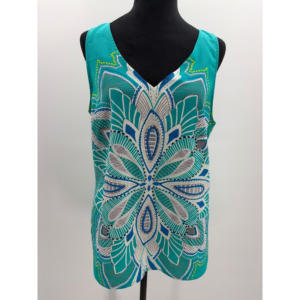 Cynthia Rowley Teal Geometric Mandala‎ Print Sleeveless V-Neck Blouse Womens Med